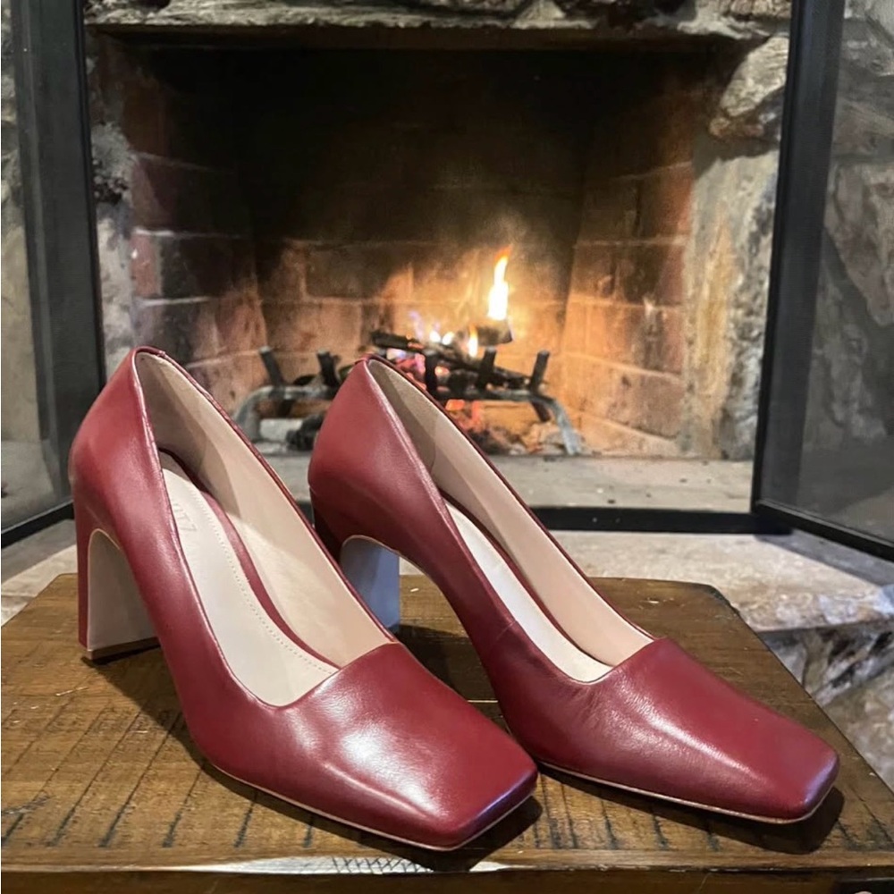SCHUTZ Chaneia Square-Toe Pump Rosewood Leather Heels
